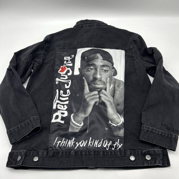 Tupac Shakur Poetic Justice Black Denim Jean Jacket Size LARGE By Chemistry - Picture 1 of 8